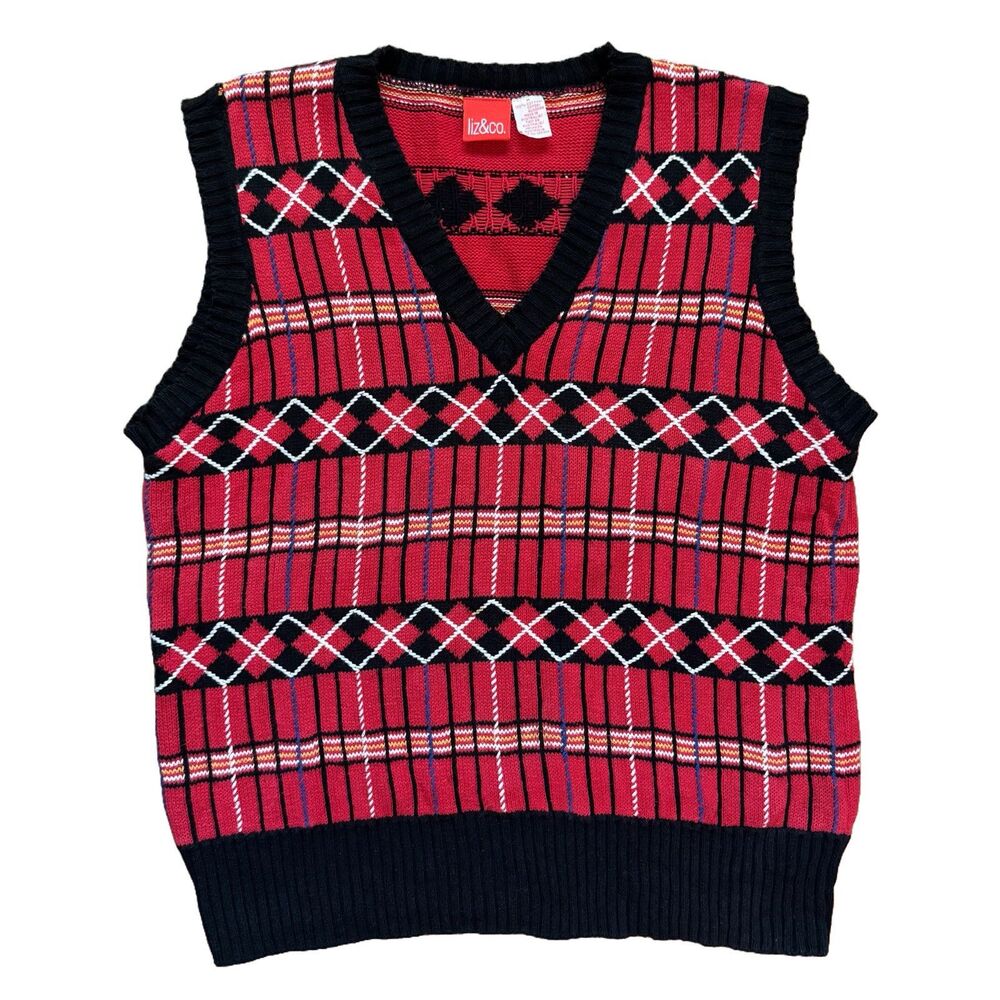 Vintage 90s Liz & Co Womens Plaid Preppy Sweater Vest Size M Red VTG
